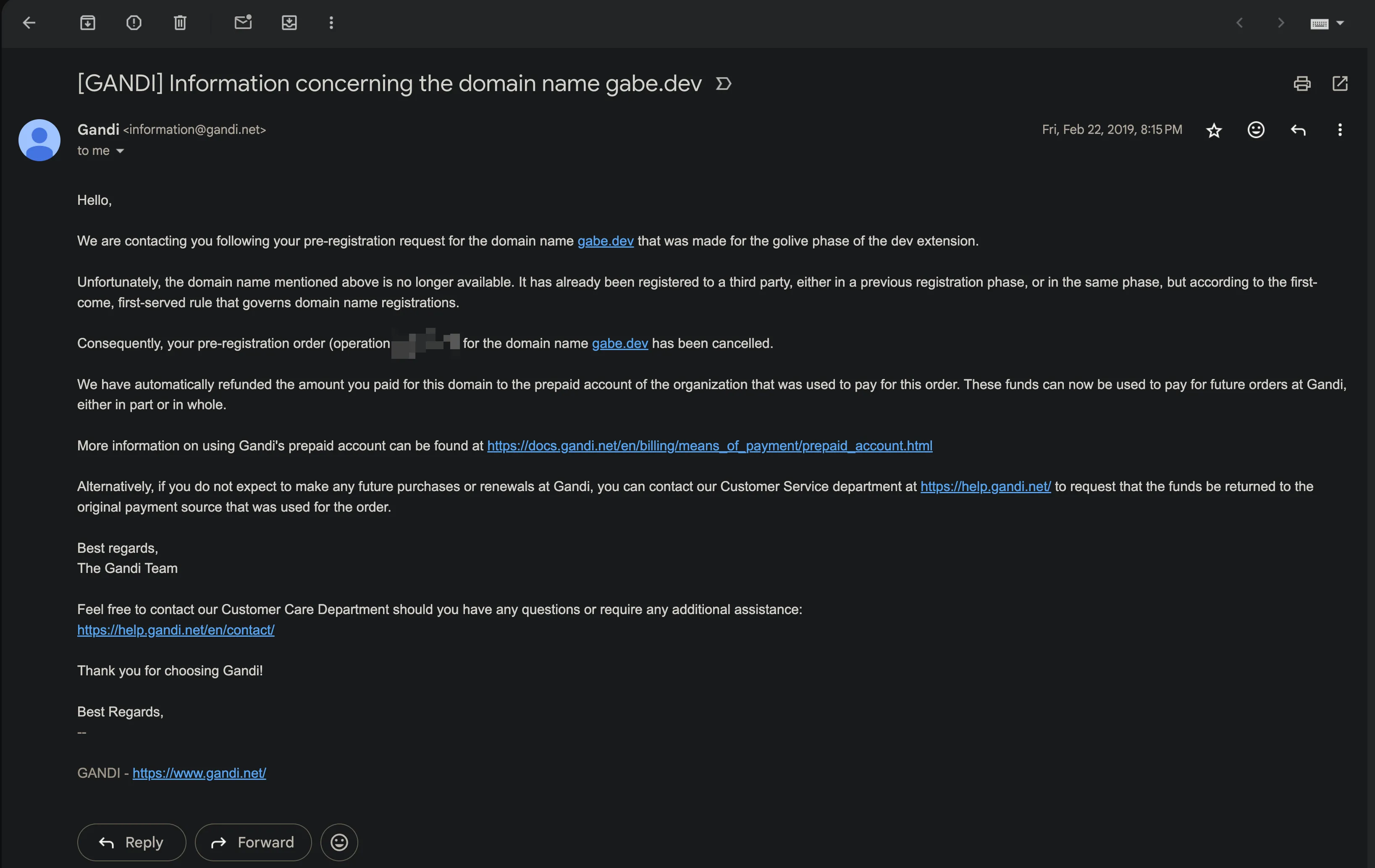 Email from Gandi: the gabe.dev pre-registration was cancelled because someone else registered it first